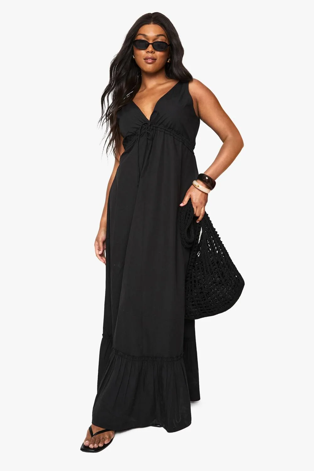 Cotton Poplin Ruched Tie Detail Maxi Dress by boohoo