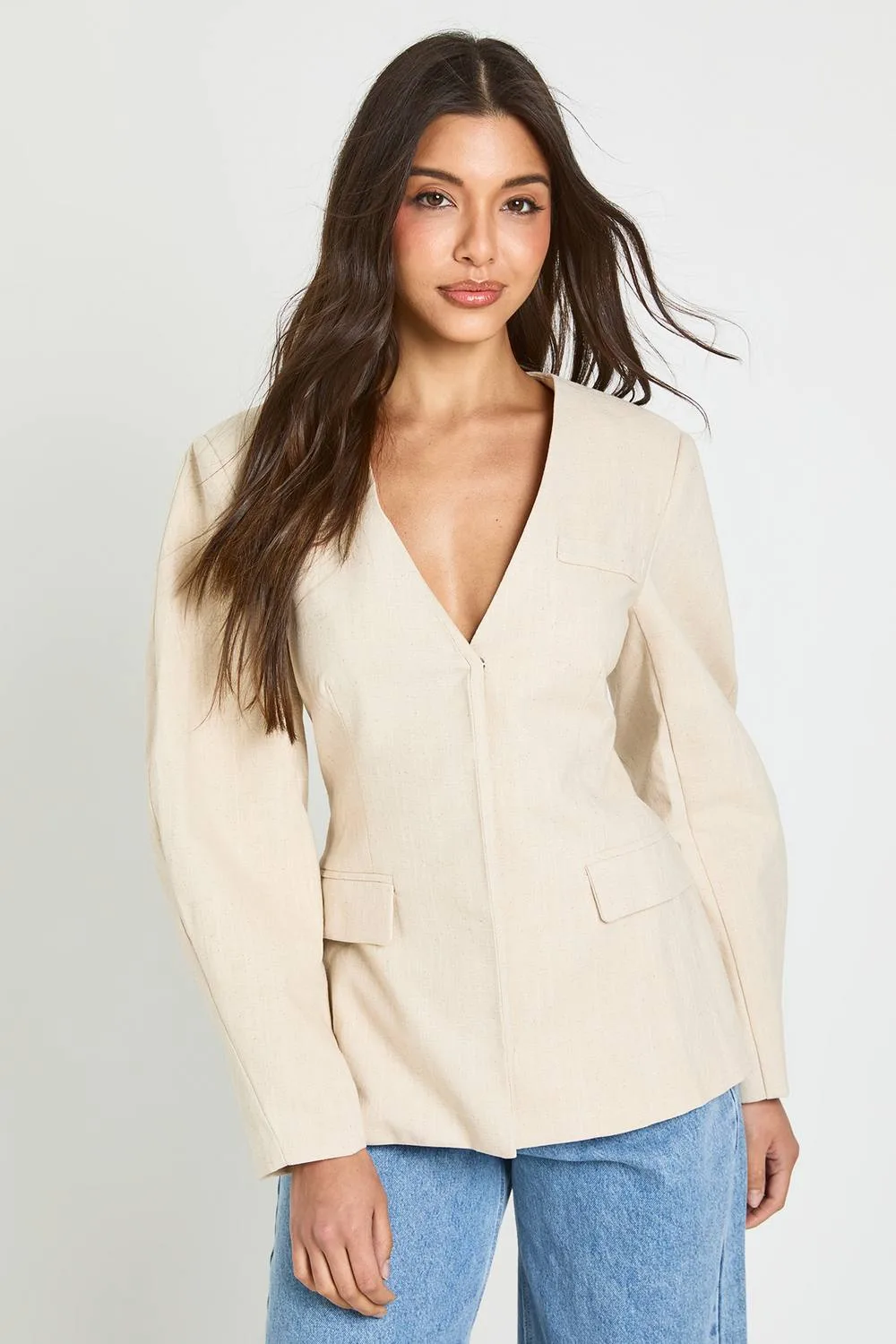 Linen Look Barrel Sleeve Blazer by boohoo