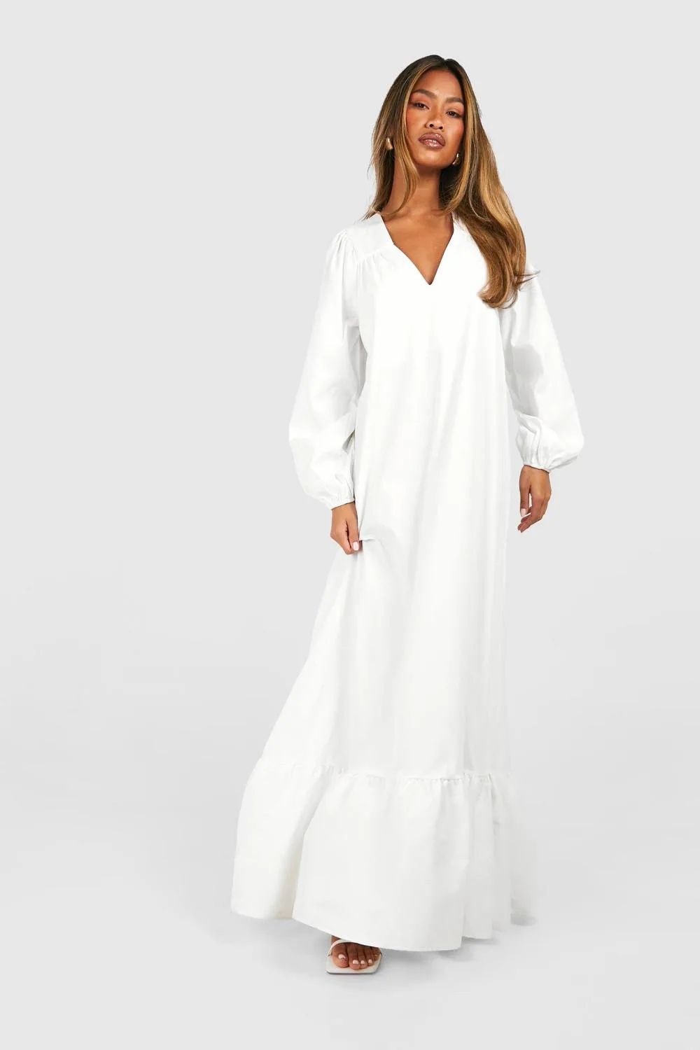 Poplin Blouson Sleeve Trapeze Maxi Dress by boohoo