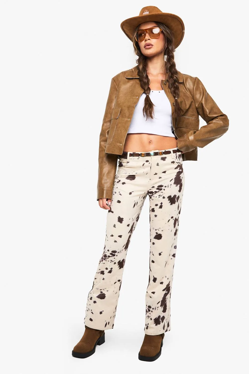 Faux Suede Cow Print Flare Trousers by boohoo