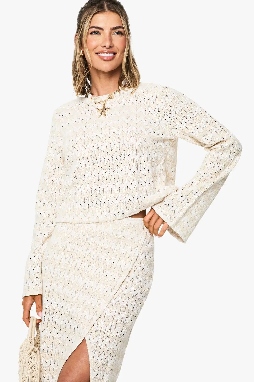 Zig Zag Knitted Tie Front Beach Top by boohoo