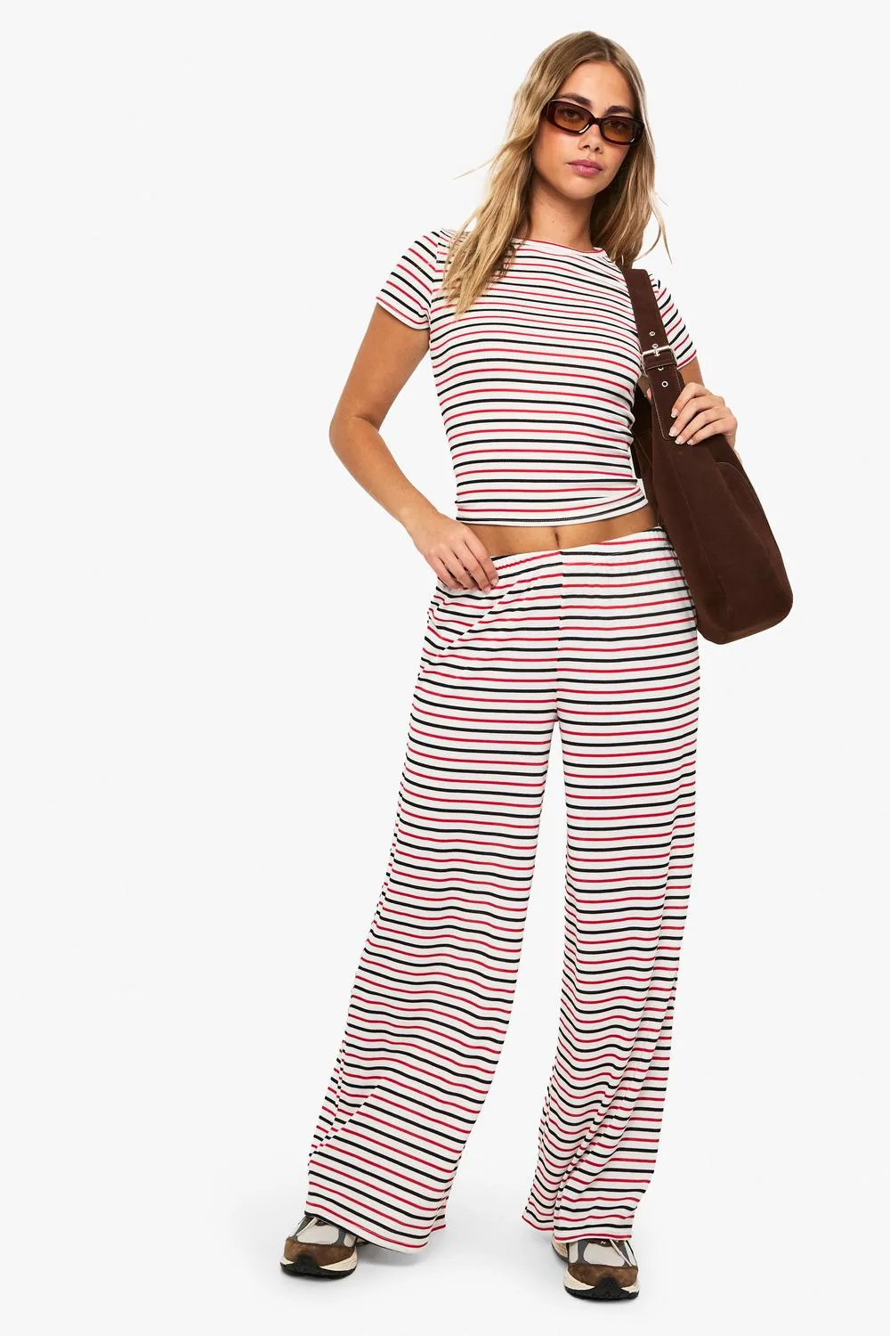 Stripe Tie Waist Wide Leg Trouser by boohoo