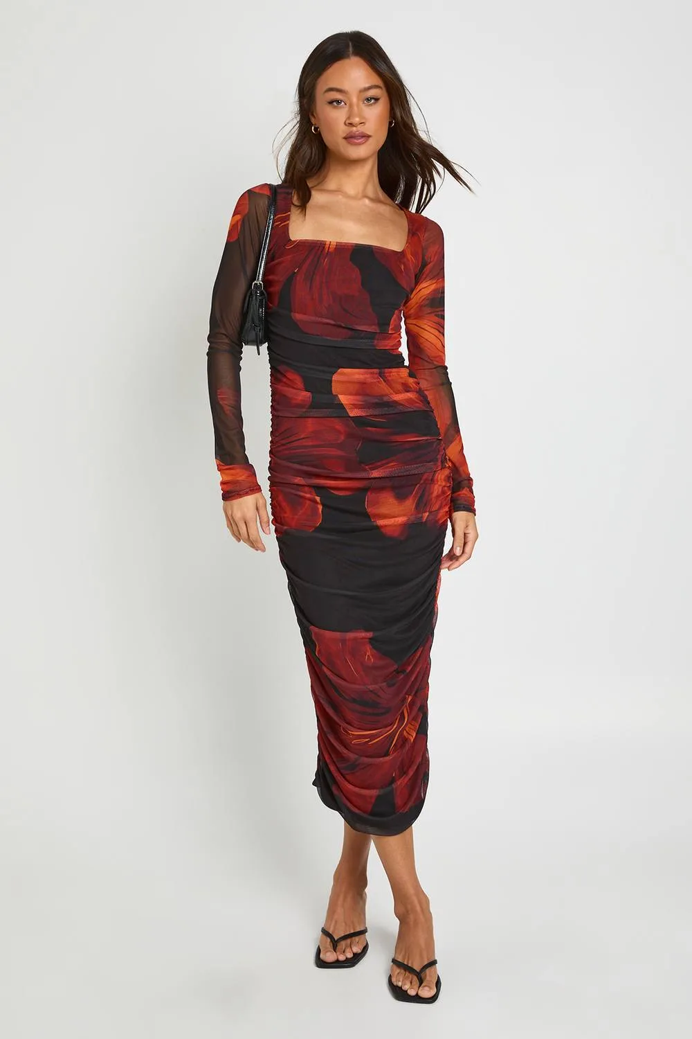 Floral Mesh Square Neck Ruched Midi Dress by boohoo