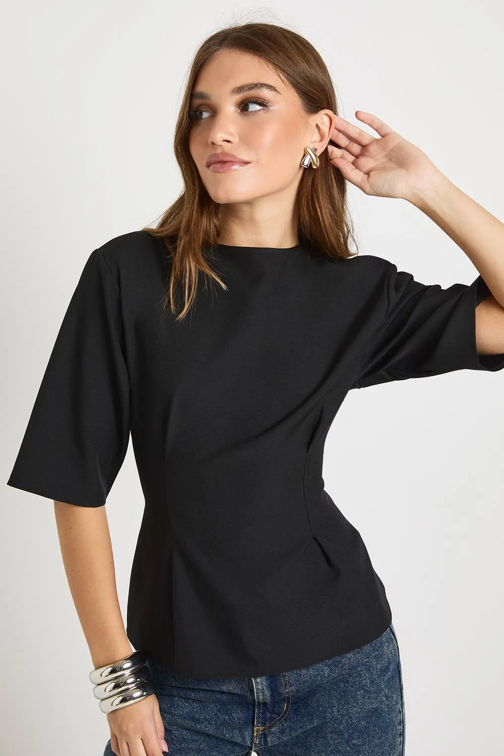 Woven Marl Cinch Waist Top by boohoo