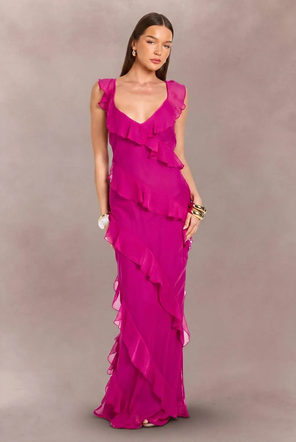 Chiffon Ruffle Detail Backless Maxi Dress by boohoo