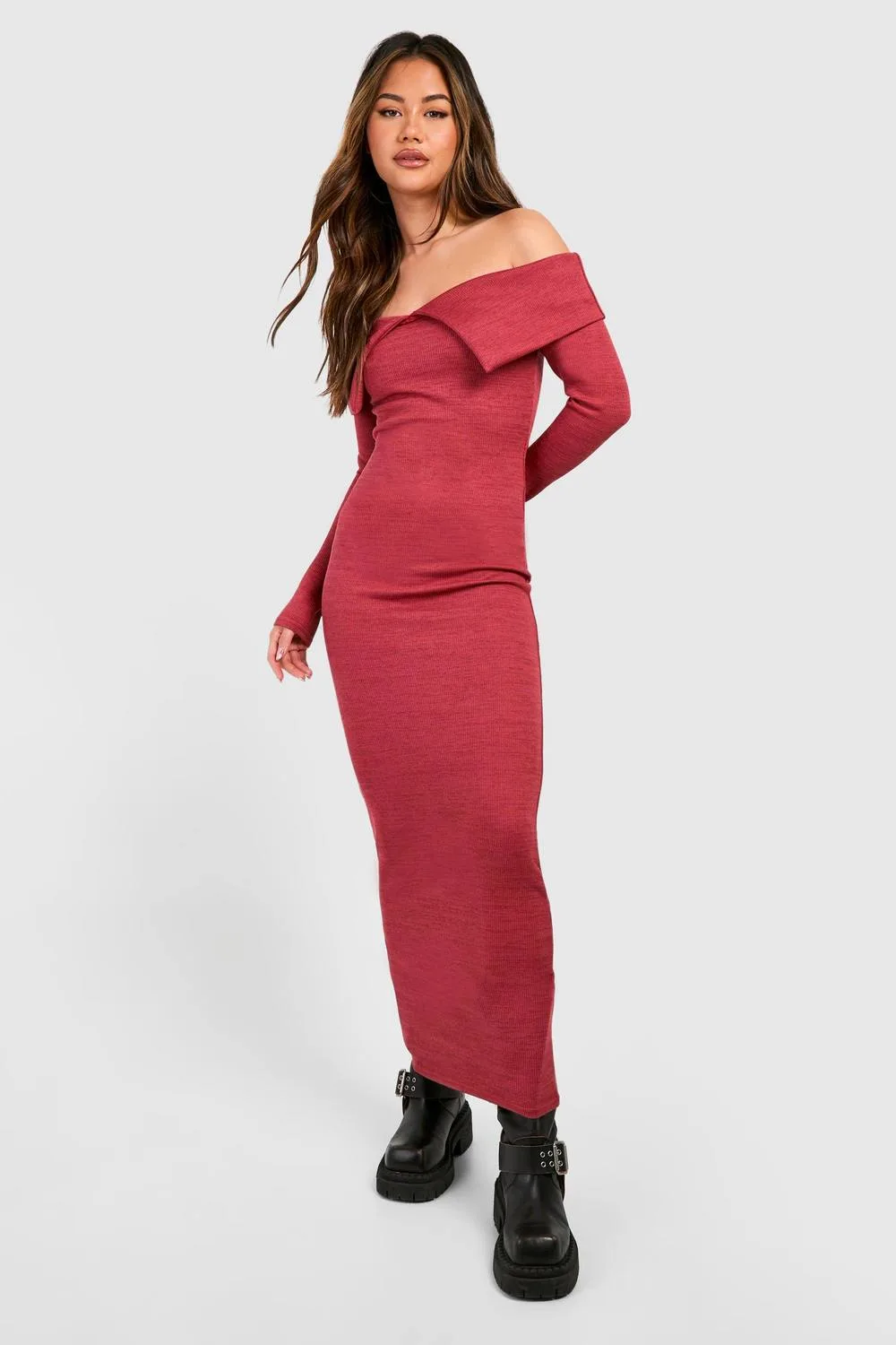Bardot Heavy Rib Long Sleeve Maxi Dress by boohoo