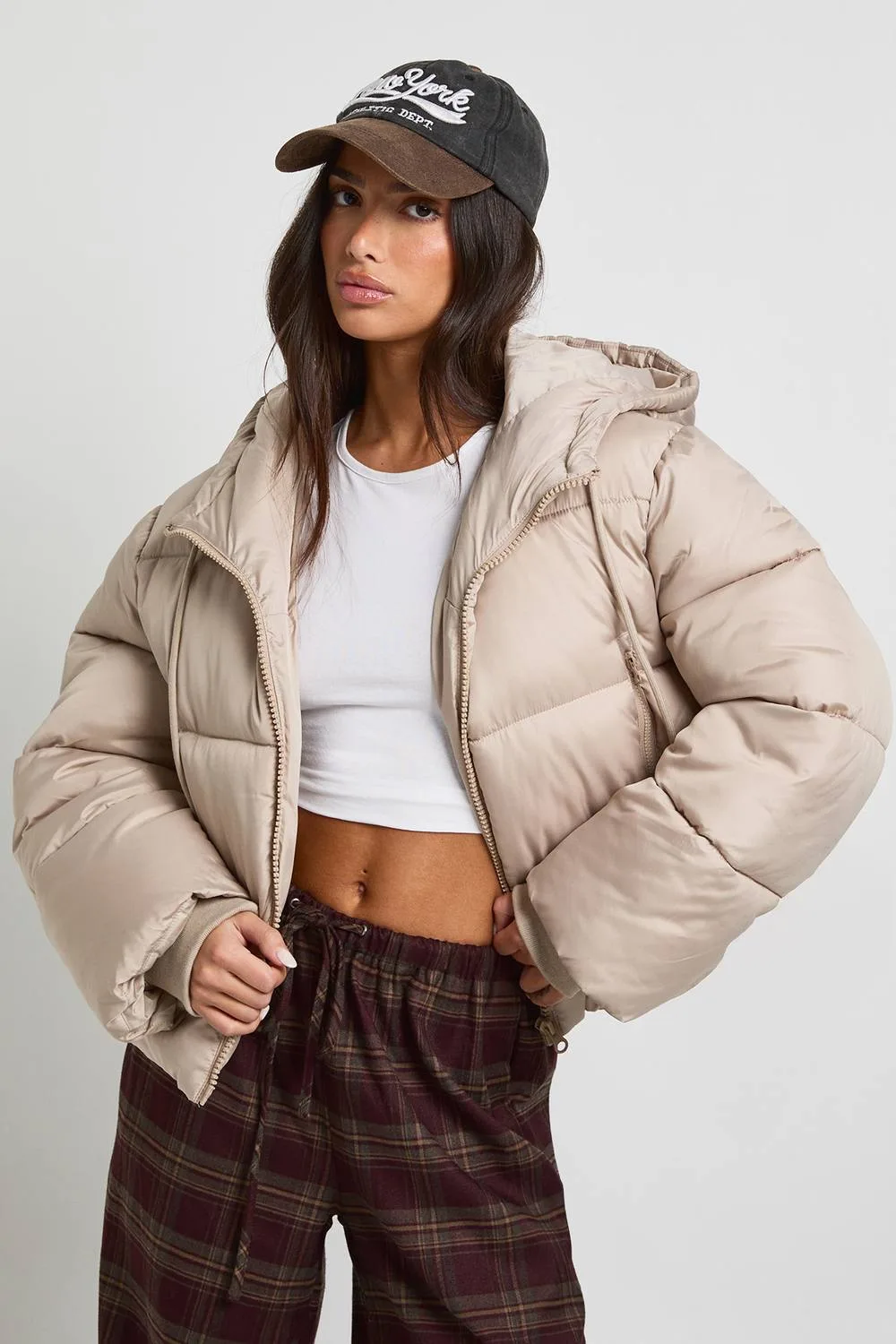 Hooded Padded Puffer Jacket - Stone by boohoo