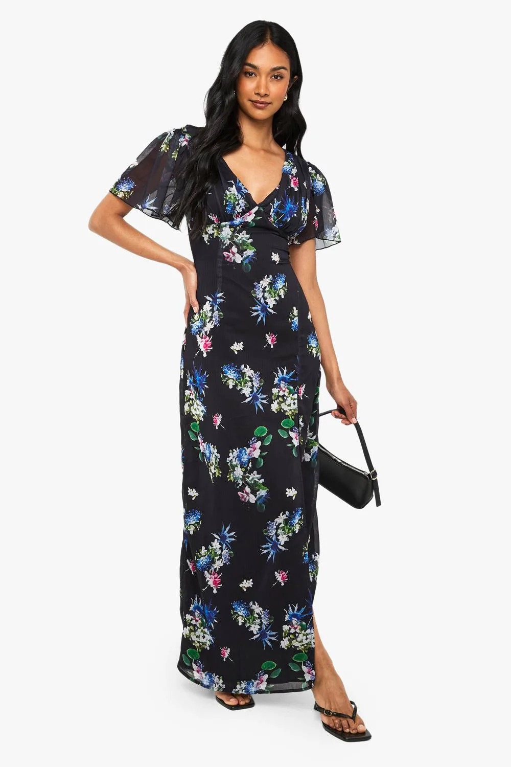 Floral Angel Sleeve Chiffon Plunge Maxi Dress by boohoo