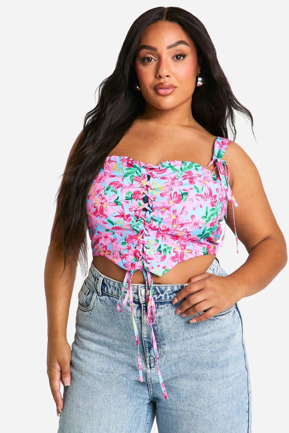 Floral Lace Up Corset Top by boohoo