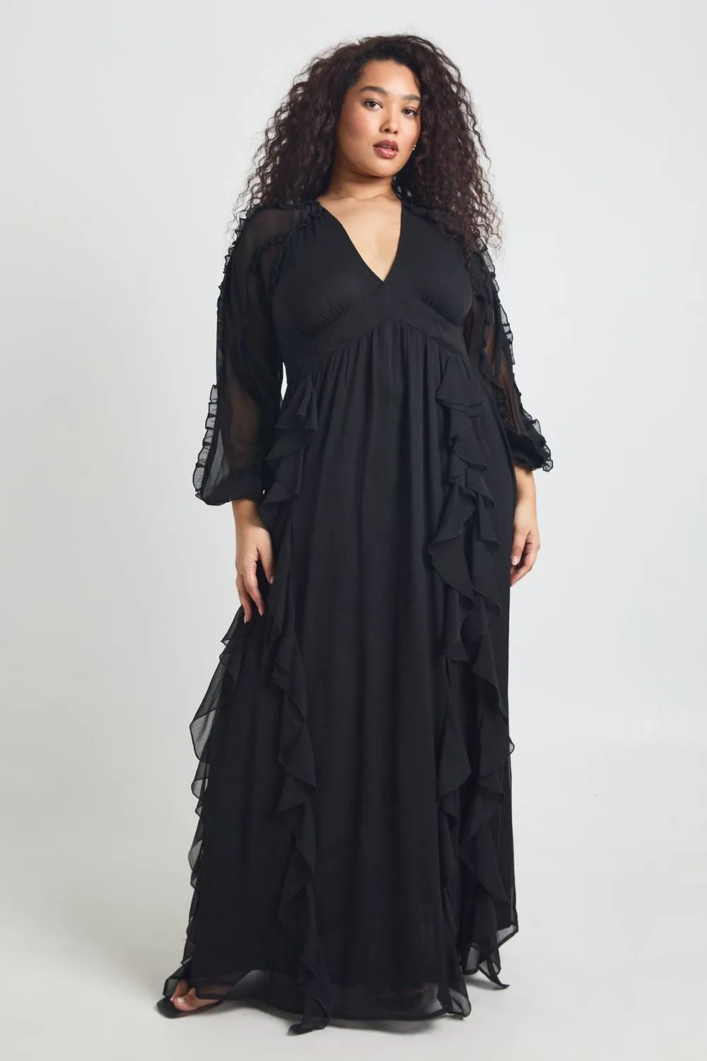Chiffon Long Sleeve Ruffle Maxi Dress by boohoo
