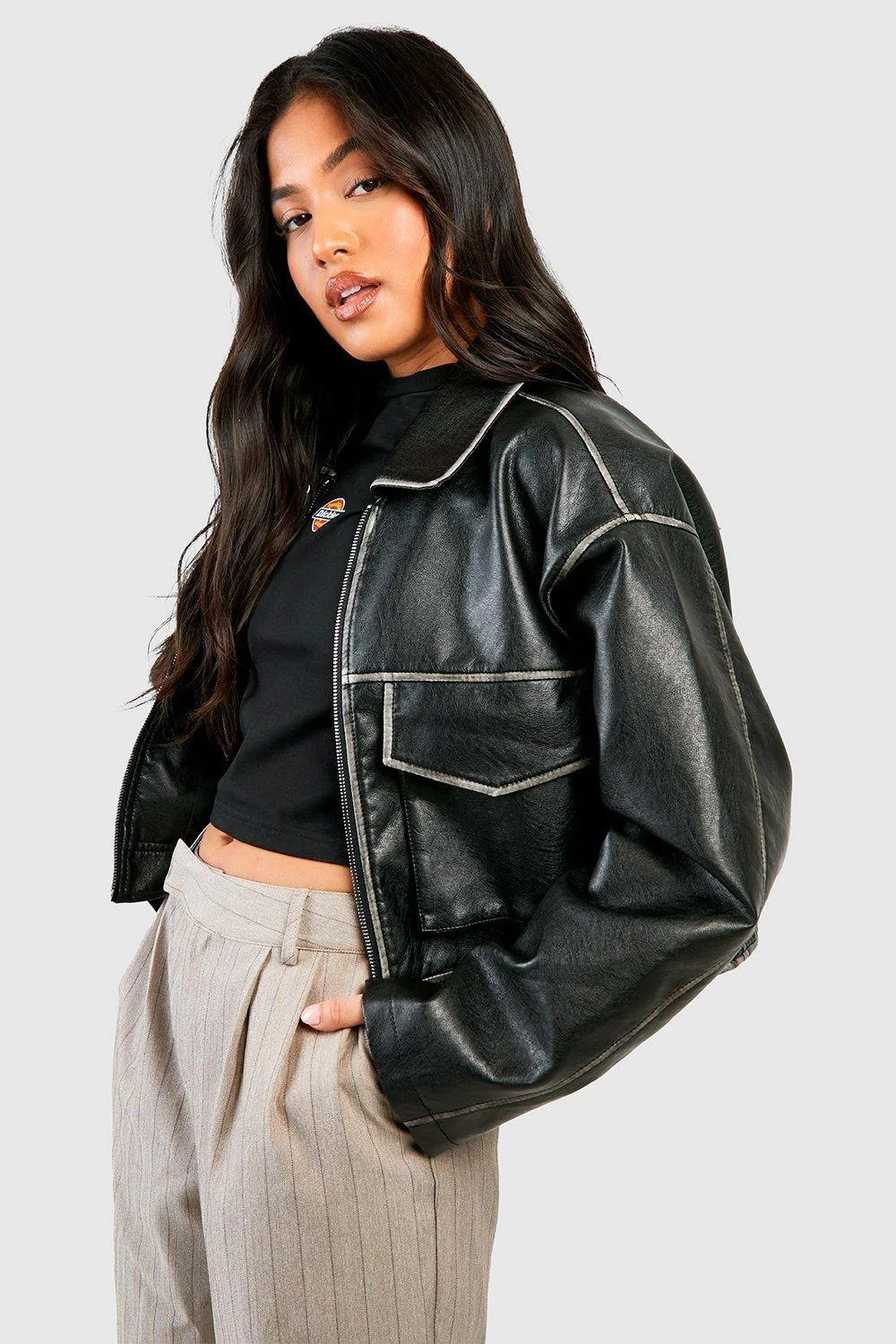 Vintage Look Faux Leather Pocket Detail Jacket by boohoo