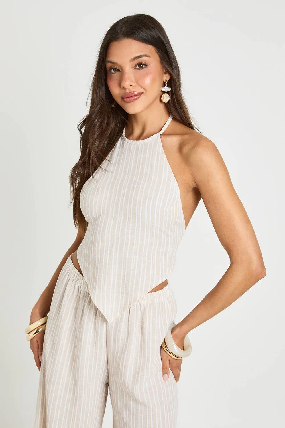 Beach Striped Linen Look Halter Top by boohoo