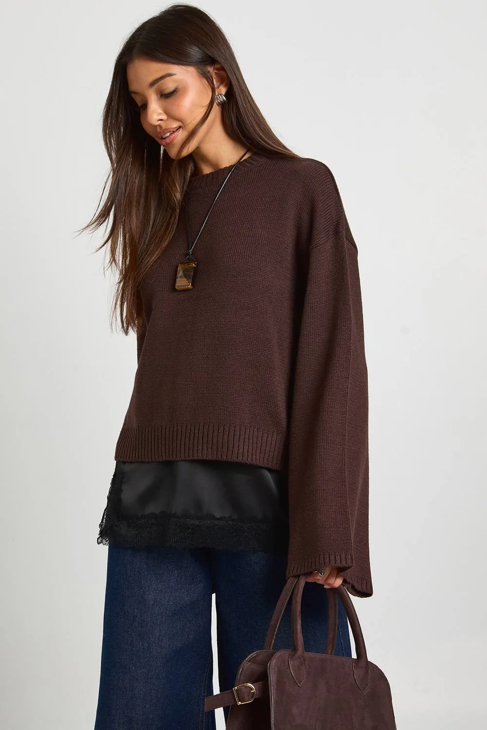 Crew Neck Flared Sleeve Knitted Jumper by boohoo