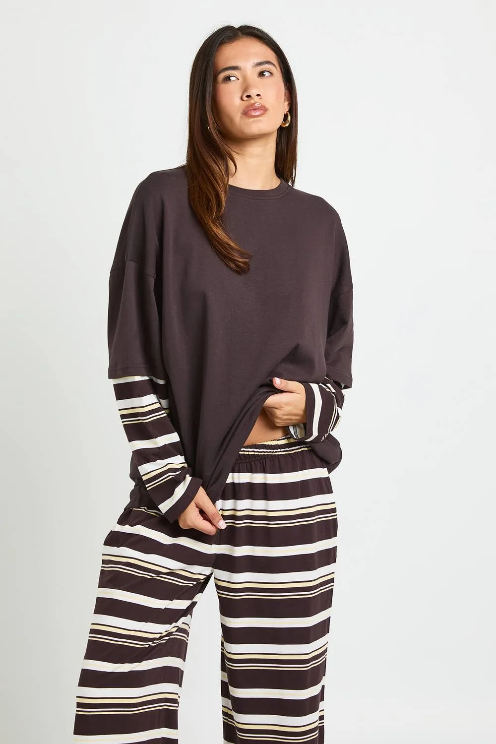 Double Layer Striped Sleeve Oversized T-Shirt by boohoo