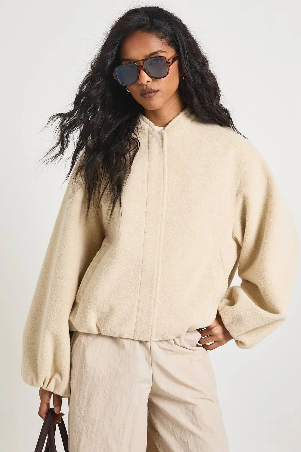 Balloon Sleeve Wool Look Bomber Jacket - Stone by boohoo