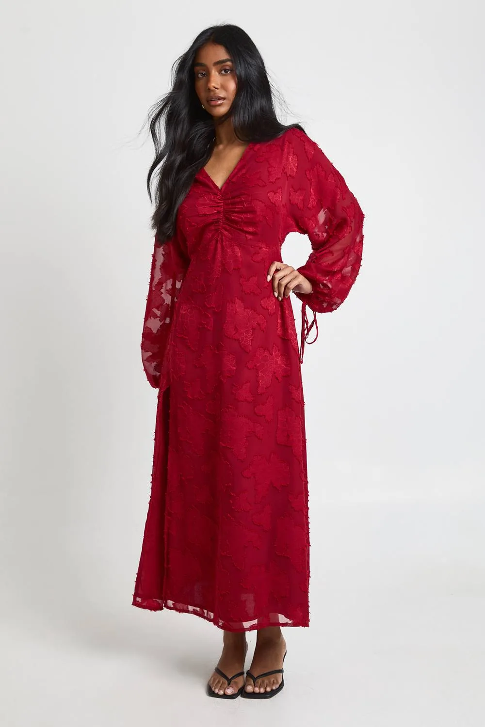 Floral Burnout Volume Sleeve Midi Dress by boohoo