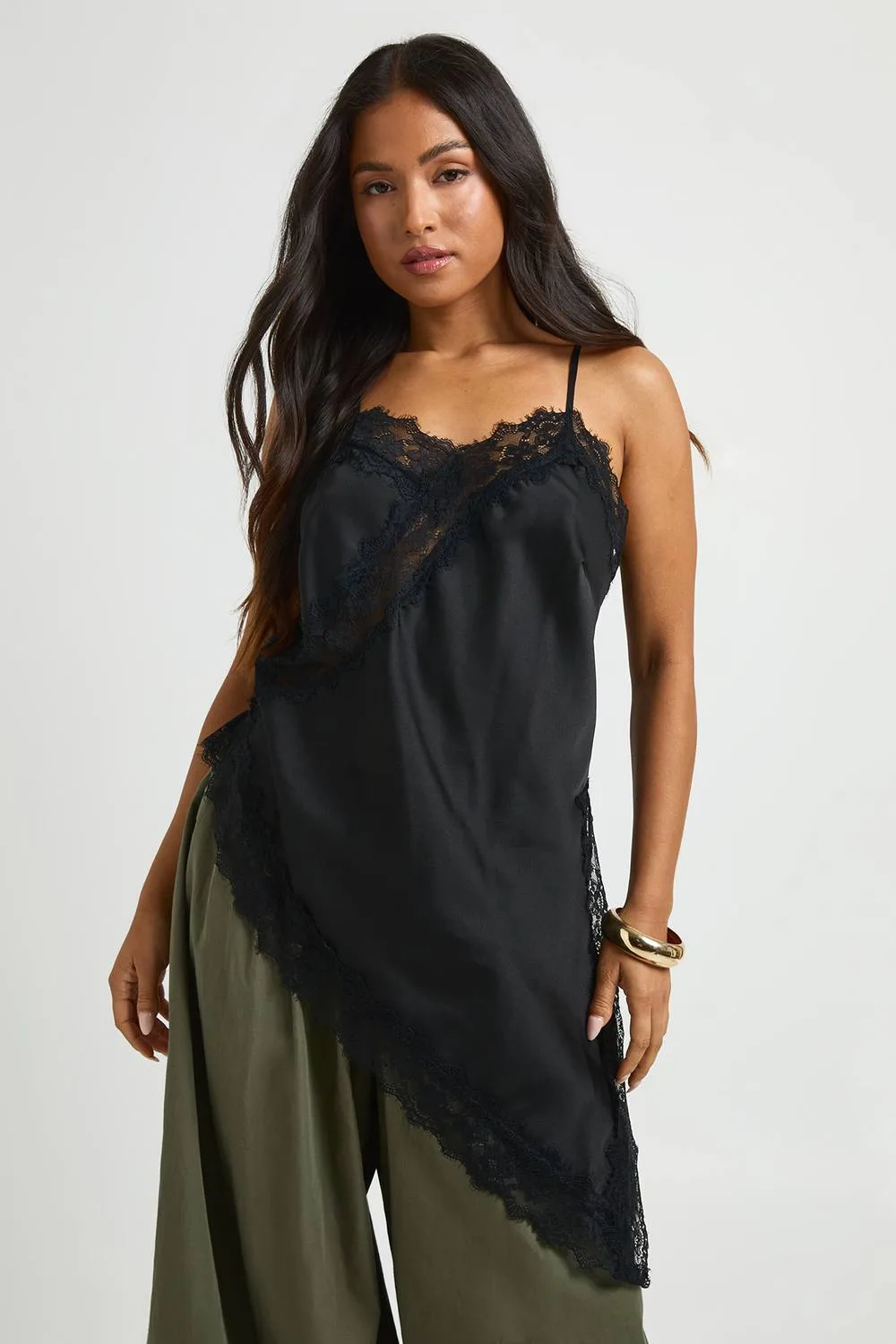 Satin Lace Longline Cami by boohoo