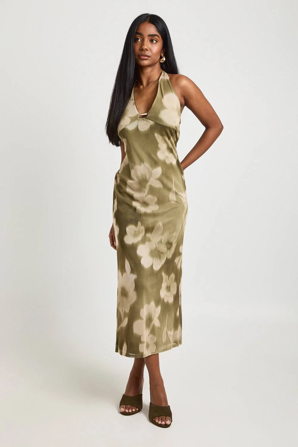 Floral Printed Mesh Plunge Front Beaded Midaxi Dress by boohoo
