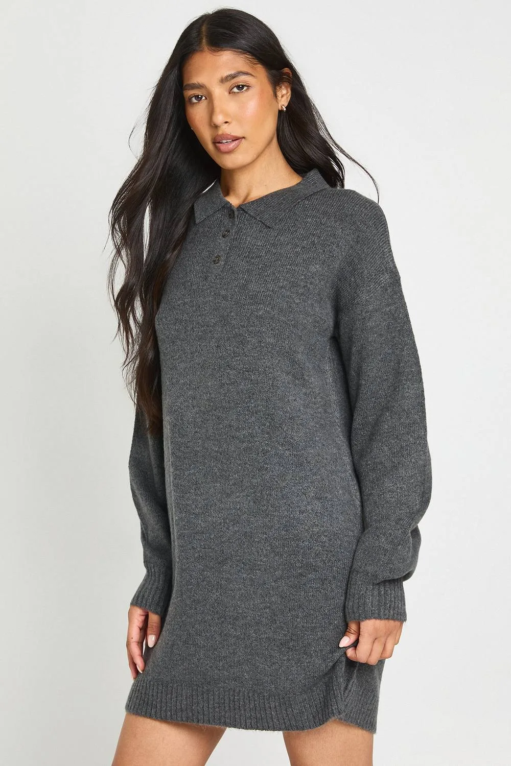 Tall Collared Button Down Oversized Knitted Jumper Dress by boohoo