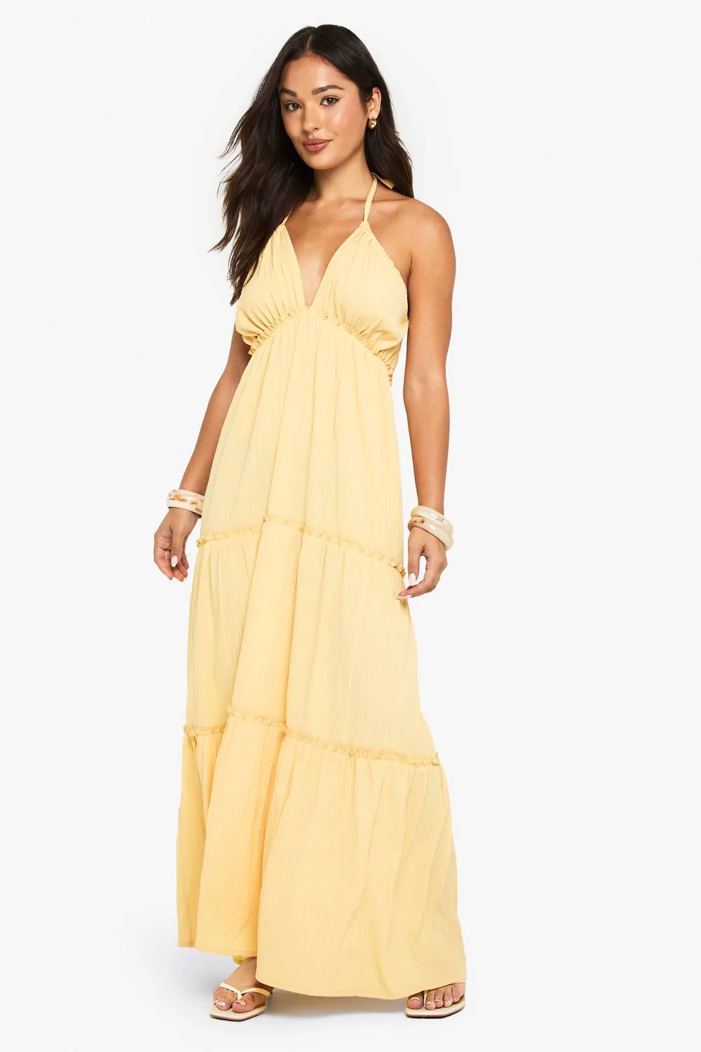 Textured Crinkle Strappy Tiered Maxi Dress
