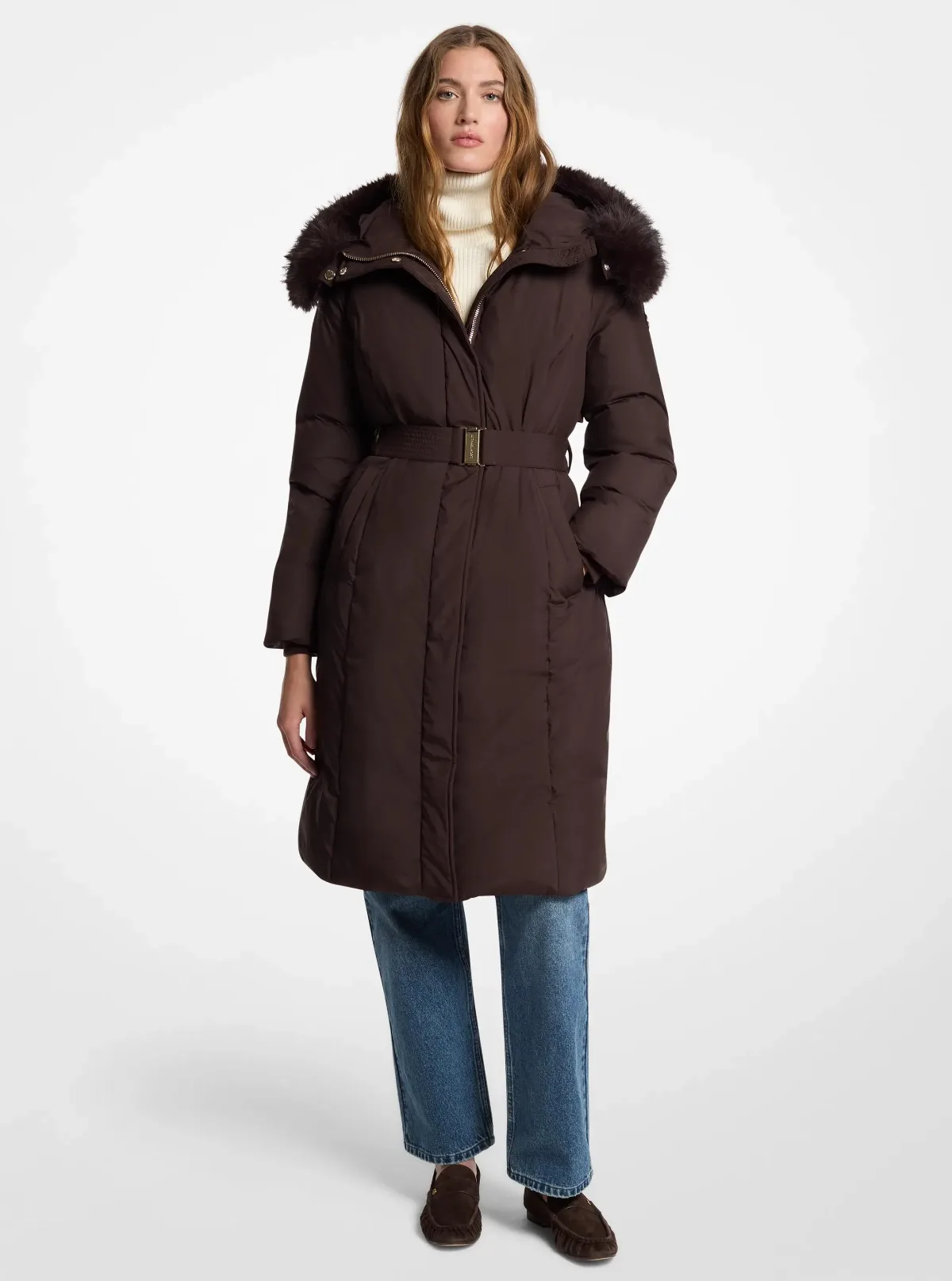 Faux Fur Trim Belted Coat by Michael Kors