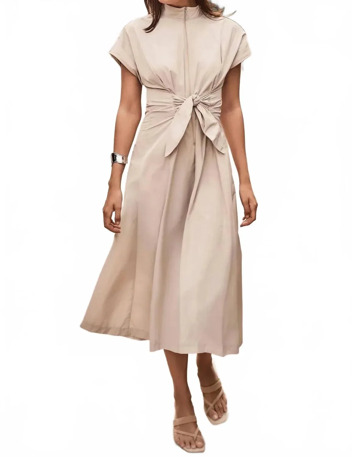 Zip Up Tie Waist Midi Fit and Flare Dress in Parchment by Joseph Ribkoff