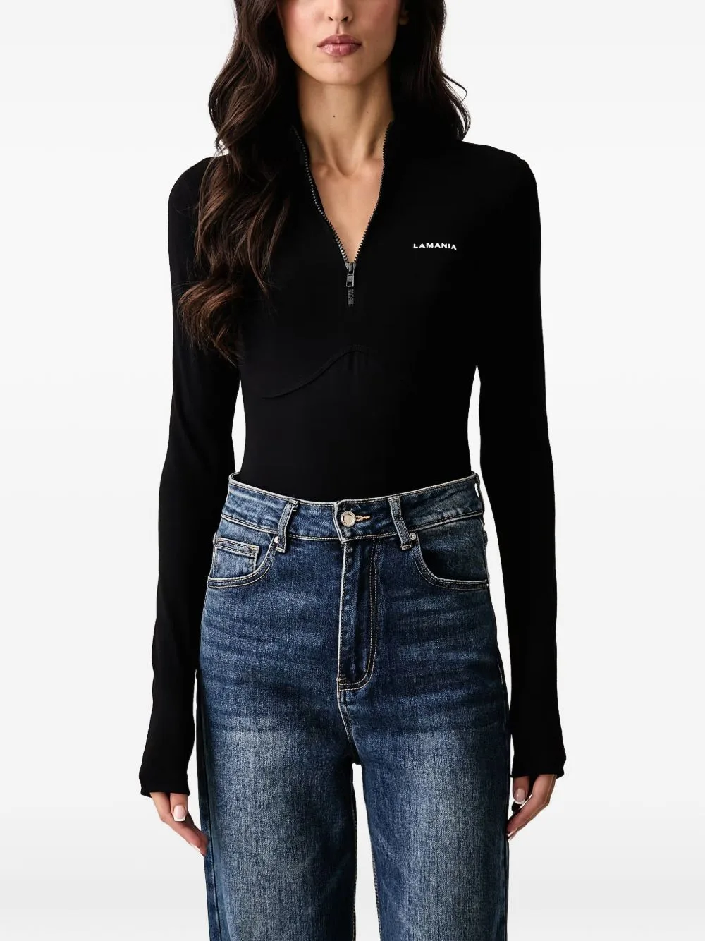 Aneli Logo-Print Half-Zip Bodysuit by La Mania