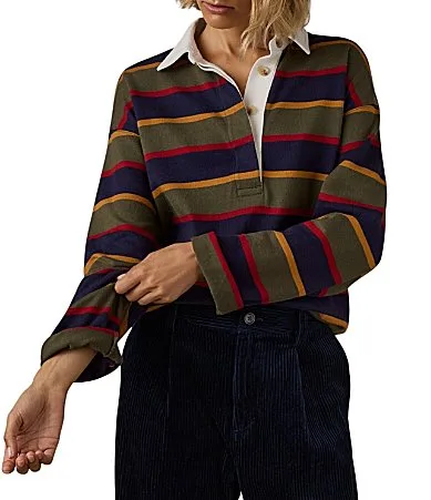 Hometown Rugby Knit Striped Organic Cotton V-Neck Long Sleeve Pullover Sweater by Faherty