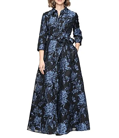 Long Jacquard Button Front Tie Waist Gown by Alex Evenings