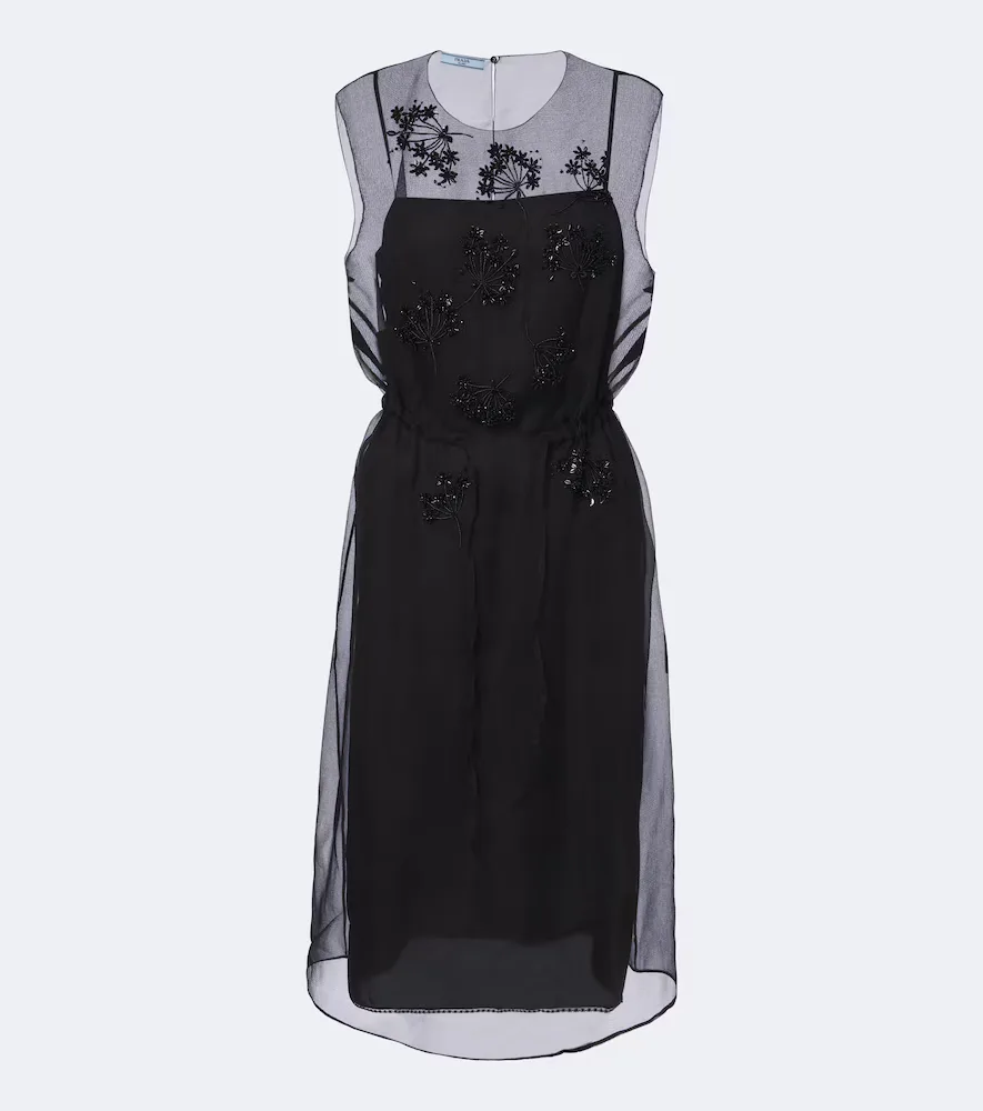 Floral-Appliqu Silk Midi Dress by Prada