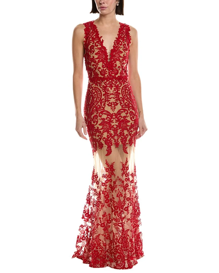 Sleeveless Deep V-Neck Embroidered Gown by Marchesa