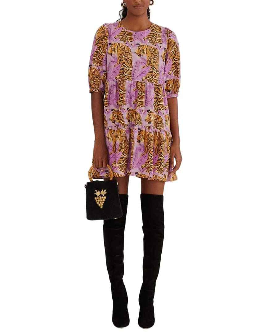 Tiger Leaves Lavender Puff Sleeve Mini Dress by FARM Rio