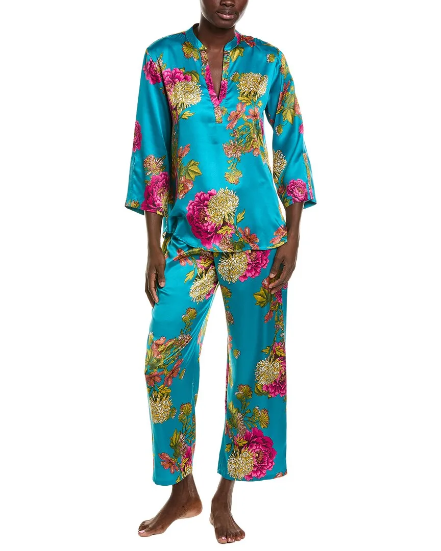 N Natori 2Pc Crysanthe Printed Satin Mandarin Pajama Set by Natori