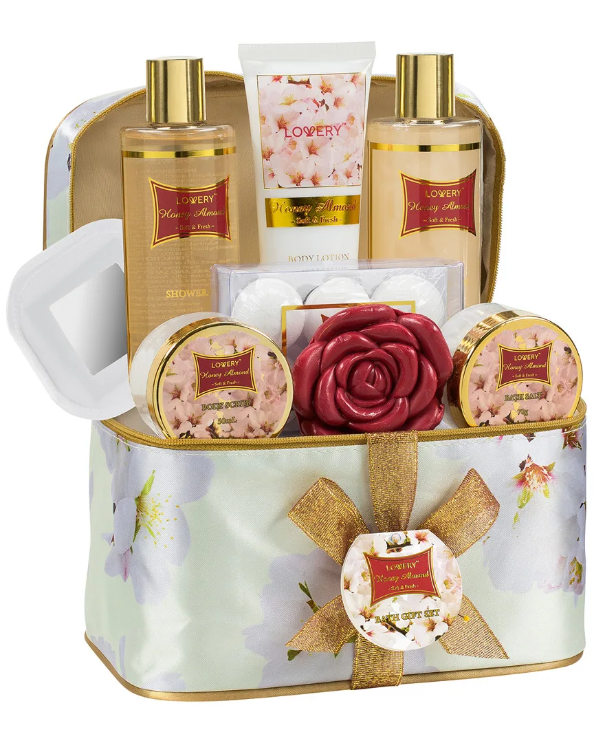 Bath & Body Gift - Honey Almond Scent Beauty Essentials with Cosmetic Bag by Lovery