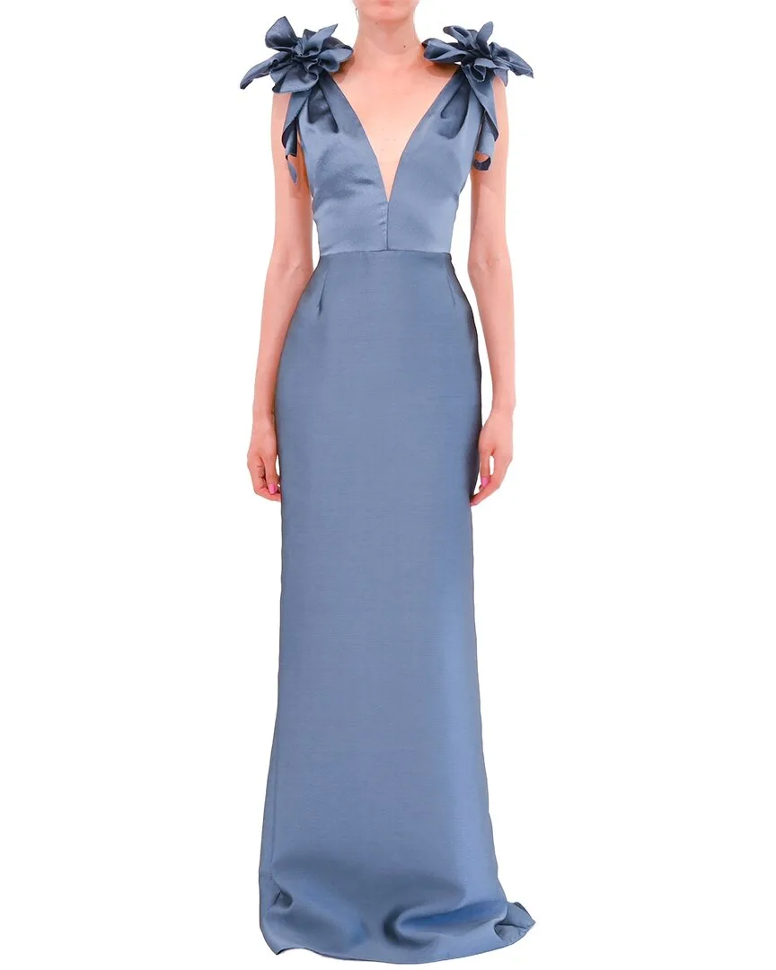 Sleeveless Deep V-Neck Silk-Blend Mikado Gown by Marchesa