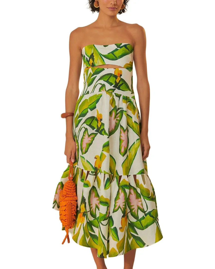 Linen Summer Foliage Off White Strapless Midi Dress by FARM Rio