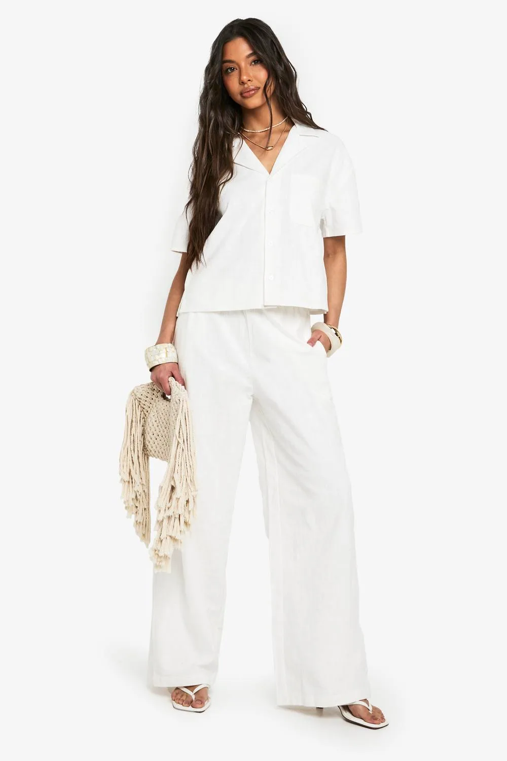 Linen Look Drawstring Wide Leg Trousers by boohoo