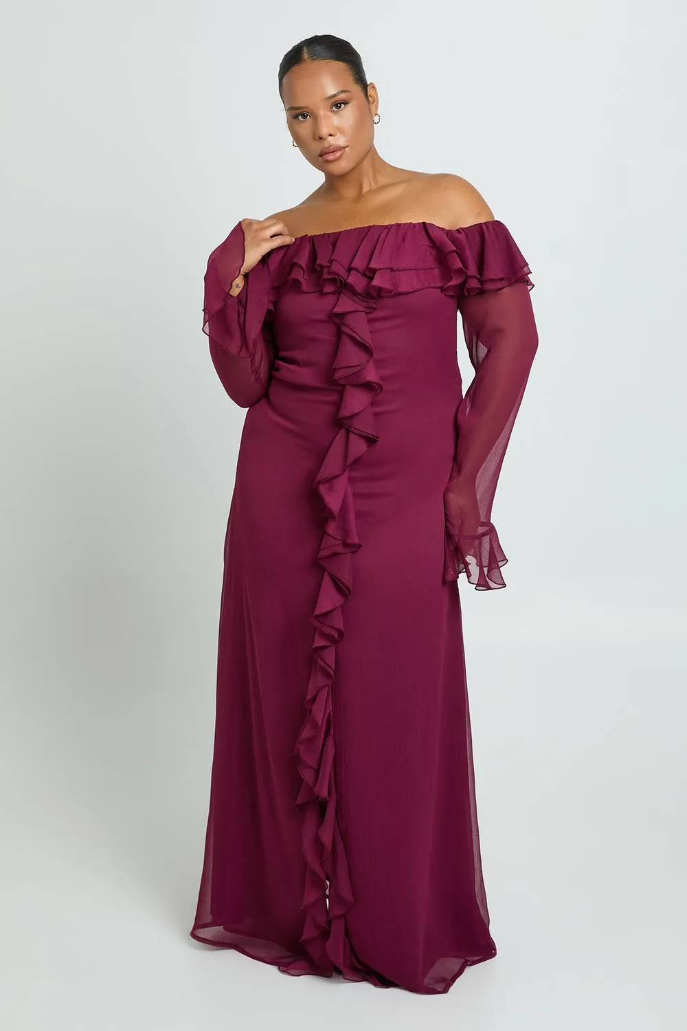 Chiffon Ruffle Bardot Maxi Dress by boohoo