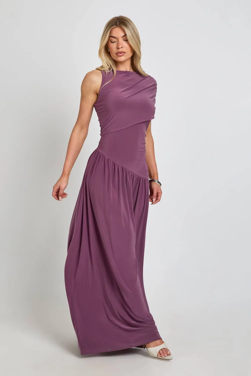 Slinky Asym Neck Ruched Detail Maxi Dress by boohoo