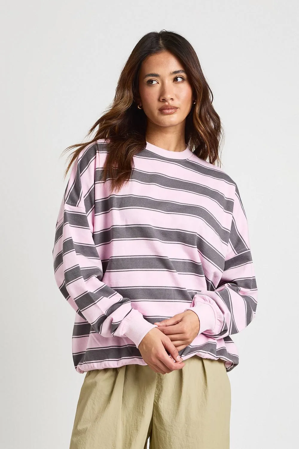 Striped Oversized Crew Neck Sweatshirt by boohoo