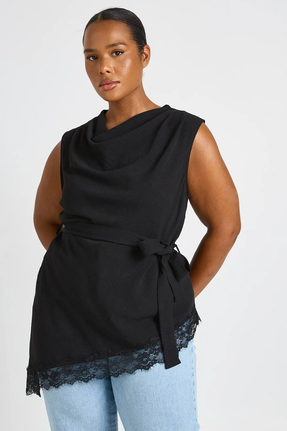 Cowl Neck Tie Waist Lace Hem Asymmetric Top