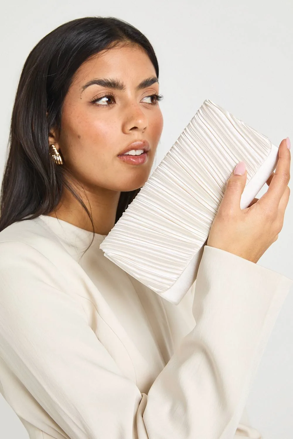 Satin Pleated Clutch Bag with Detachable Chain by boohoo