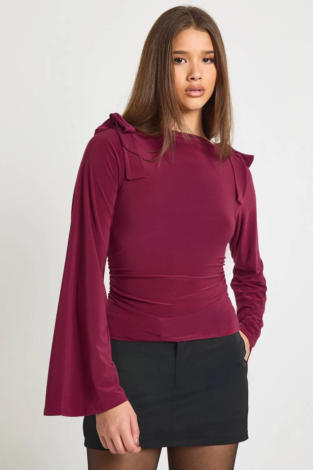 Slinky Bow Shoulder Detail Long Sleeve Top by boohoo