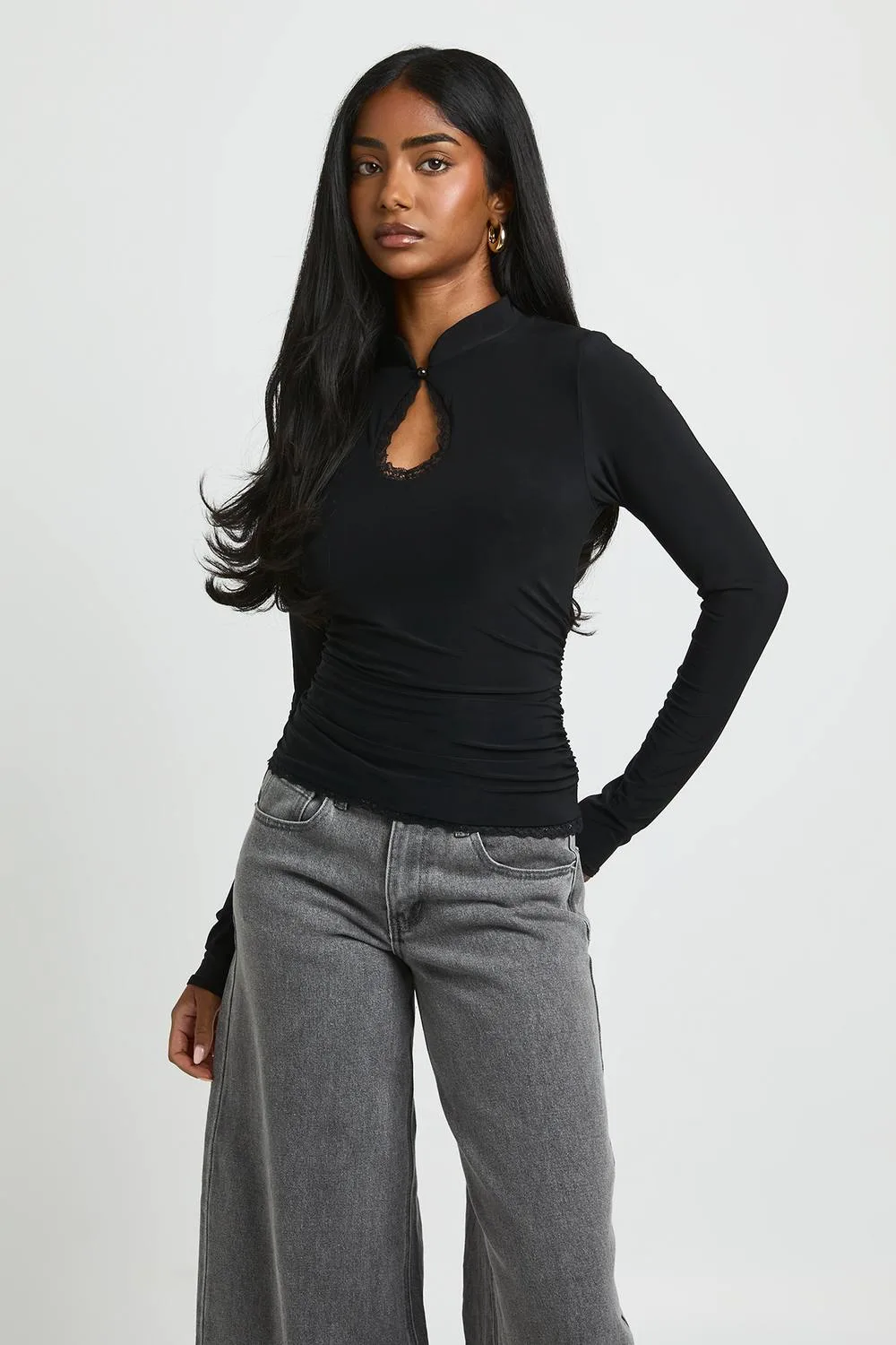 Lace Trim Keyhole Neck Long Sleeve Top by boohoo