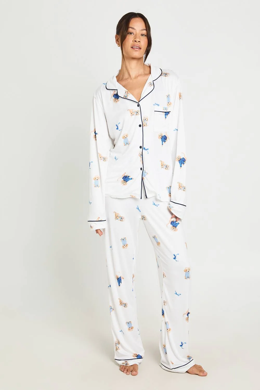 Puppy Bow Print Long Sleeve Shirt & Trouser 3 Piece Pyjama Set