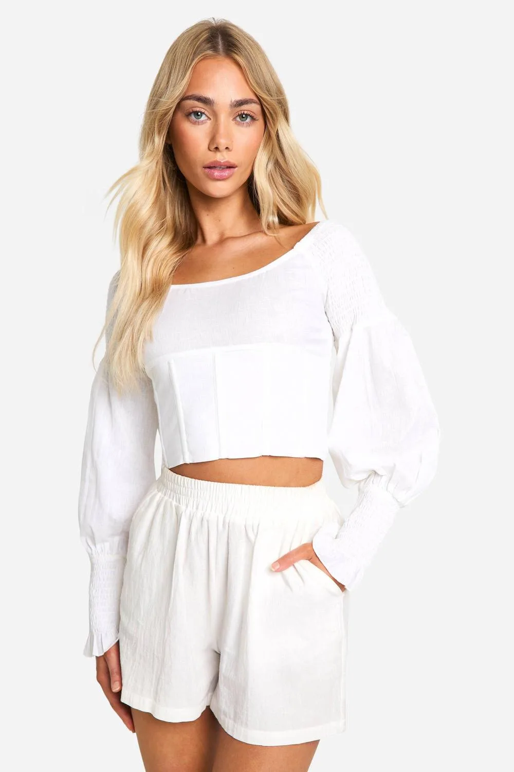 Shirred Linen Look Corset Top with Boning by boohoo