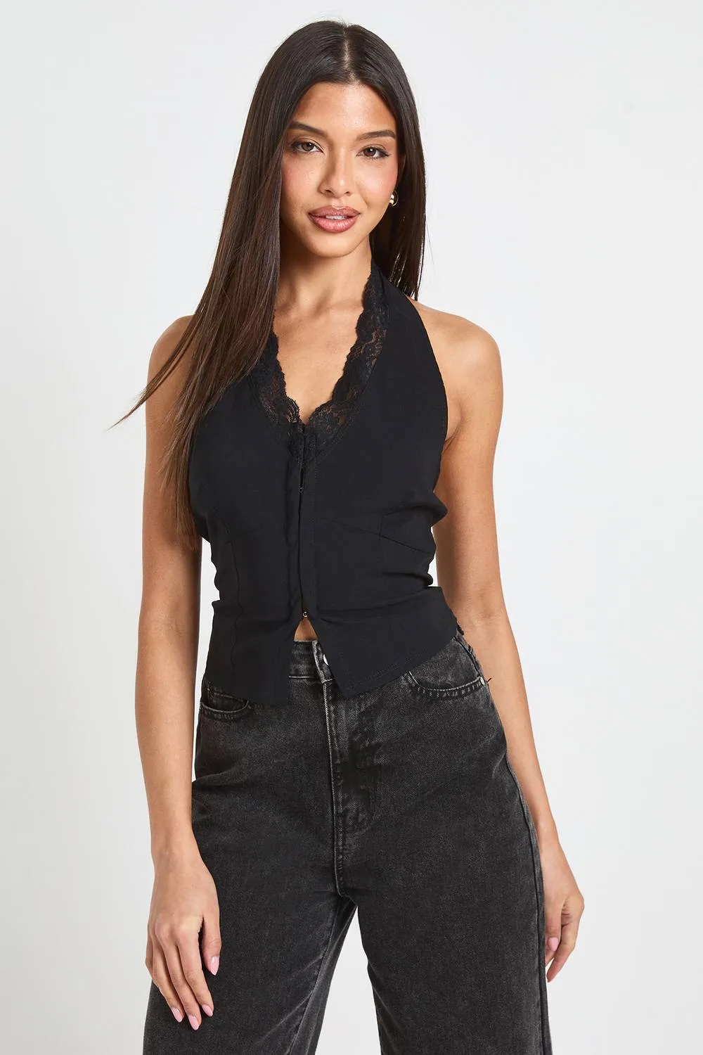 Lace Trim Bengaline Halterneck Corset Top by boohoo
