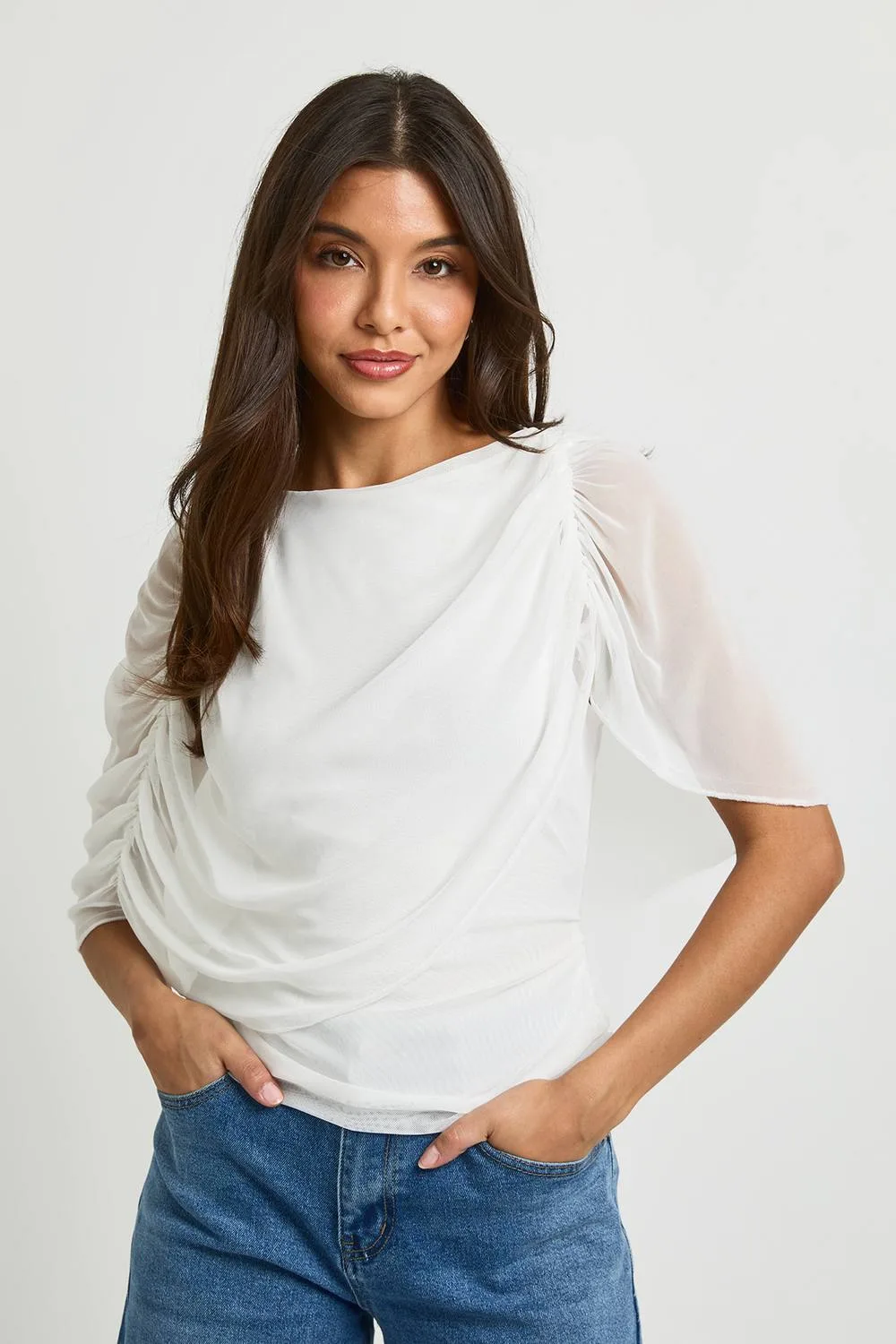 Ruched Mesh Cape Overlay Top