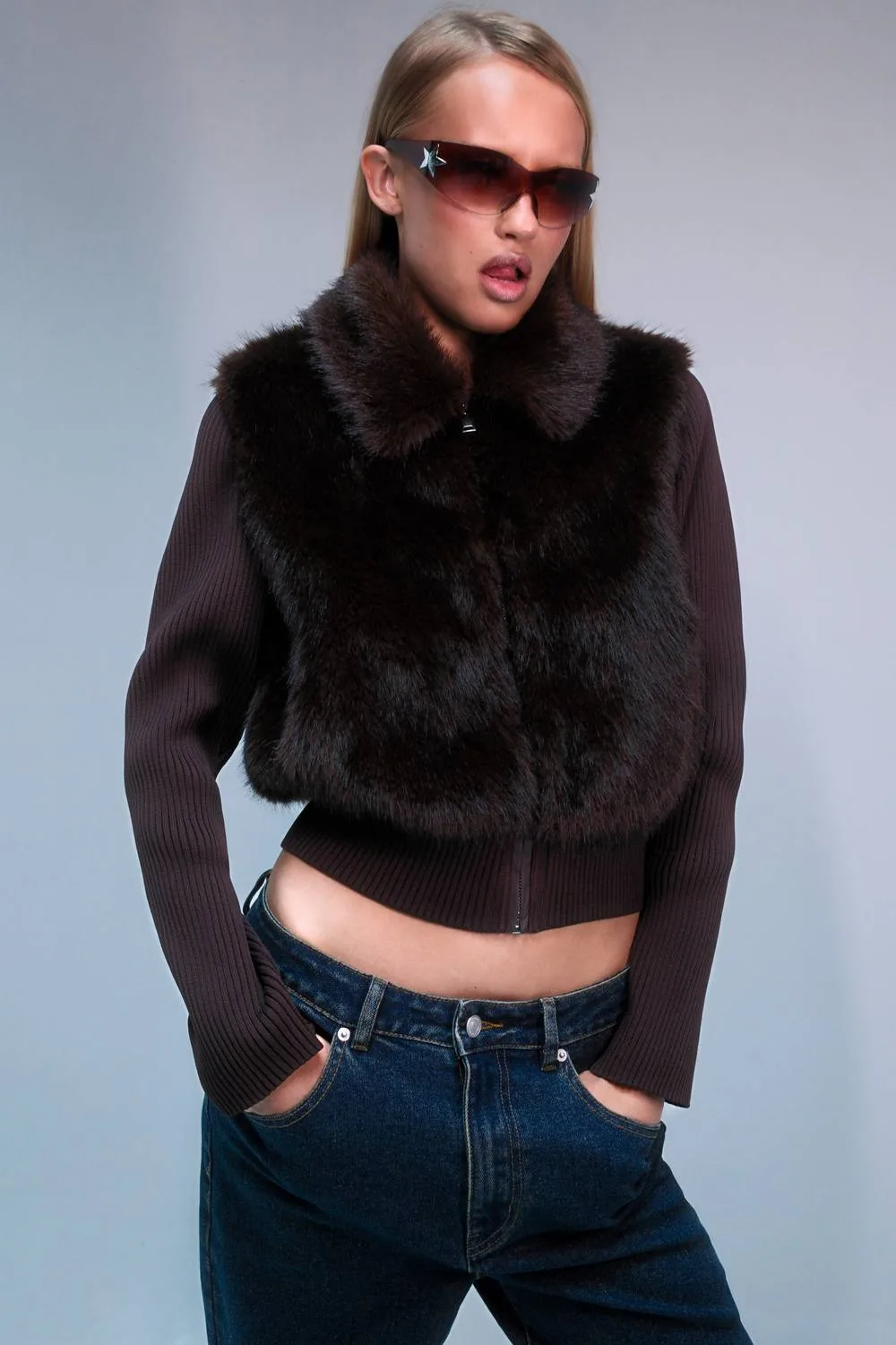 Faux Fur Coat with Knitted Sleeve by boohoo