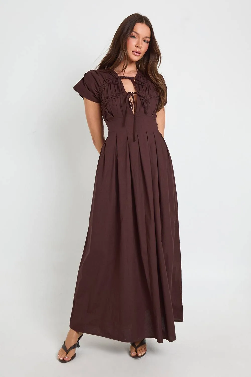 Cotton Poplin Ruched Tie Waist Detail Maxi Dress